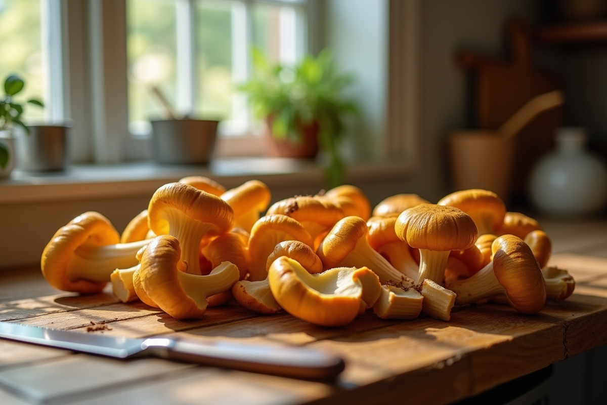 Champignons chanterelle fraîchement récoltés en cours de nettoyage sur une table en bois