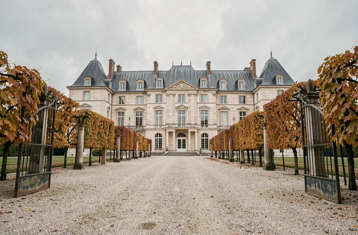 Château bordelais historique entouré de vignes aux couleurs automnales