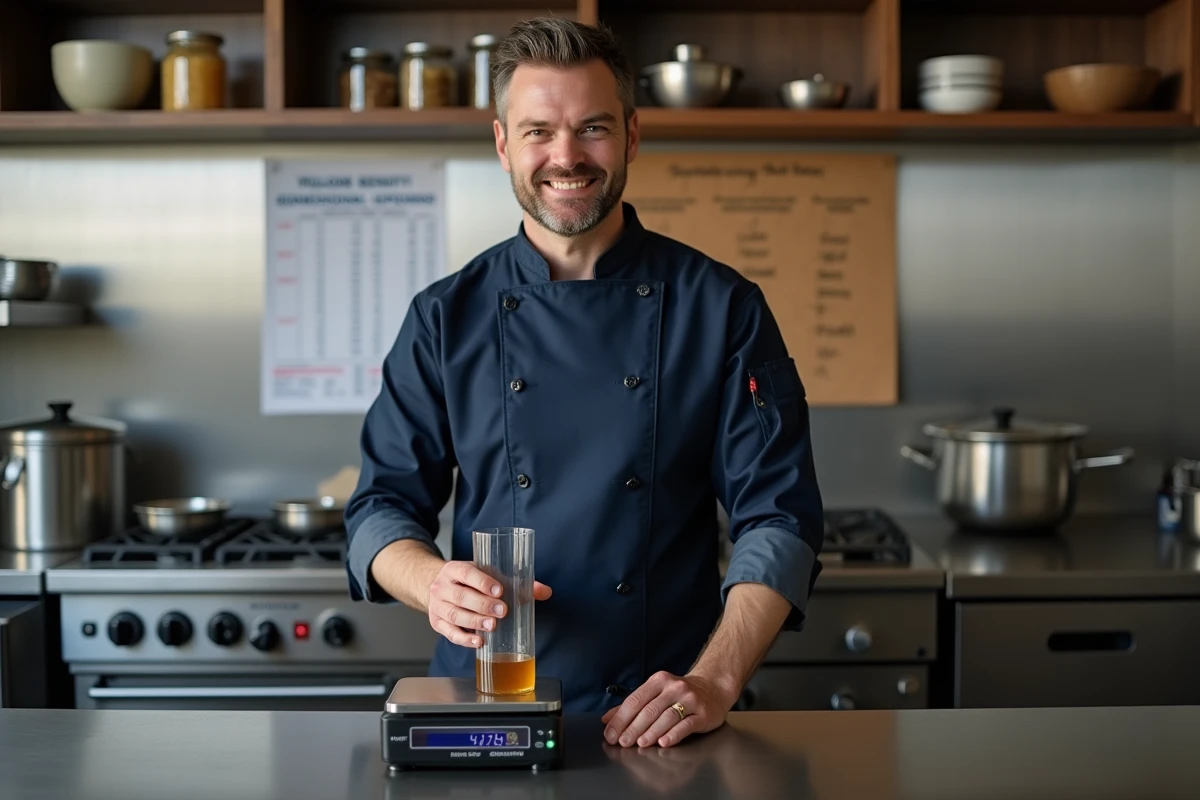 Chef cuisinier comparant un cylindre gradué de miel à une balance pour convertir des centilitres en grammes selon la densité de l'ingrédient