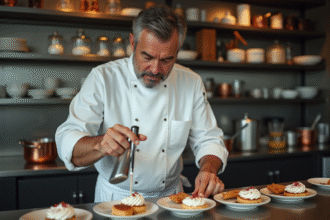 Chef en cuisine préparant un dessert avec un siphon
