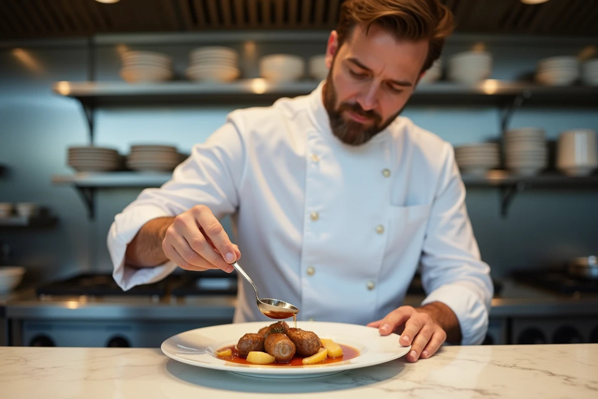 Chef cuisinier dressant une assiette de rognon de veau au cidre et pommes dans une cuisine de restaurant