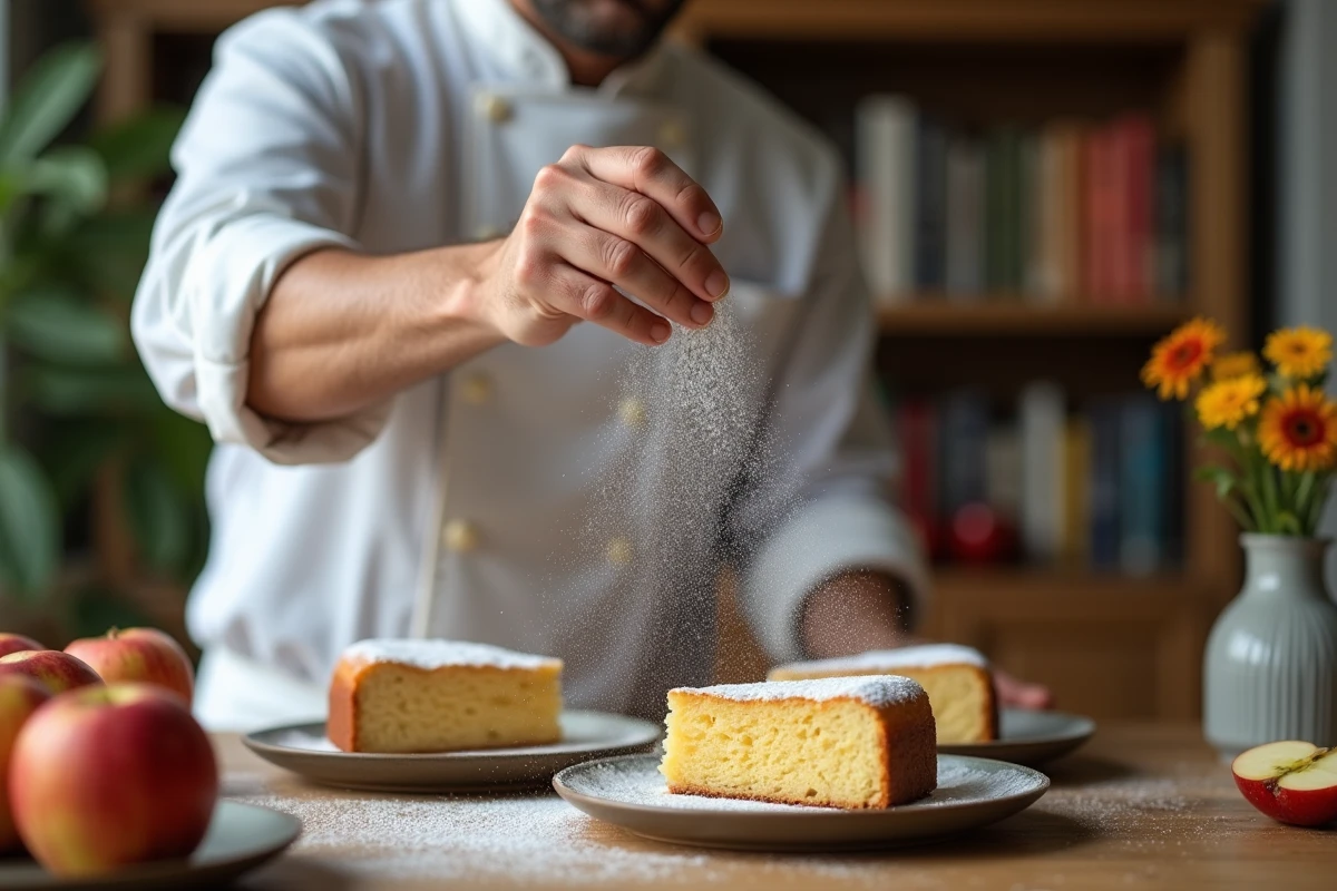 Chef saupoudrant du sucre sur des parts de gâteau aux pommes