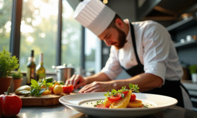 Chef professionnel en cuisine moderne dressant un plat gourmet