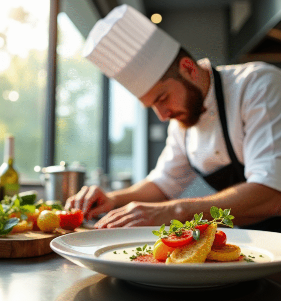 Chef professionnel en cuisine moderne dressant un plat gourmet