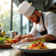 Chef professionnel en cuisine moderne dressant un plat gourmet