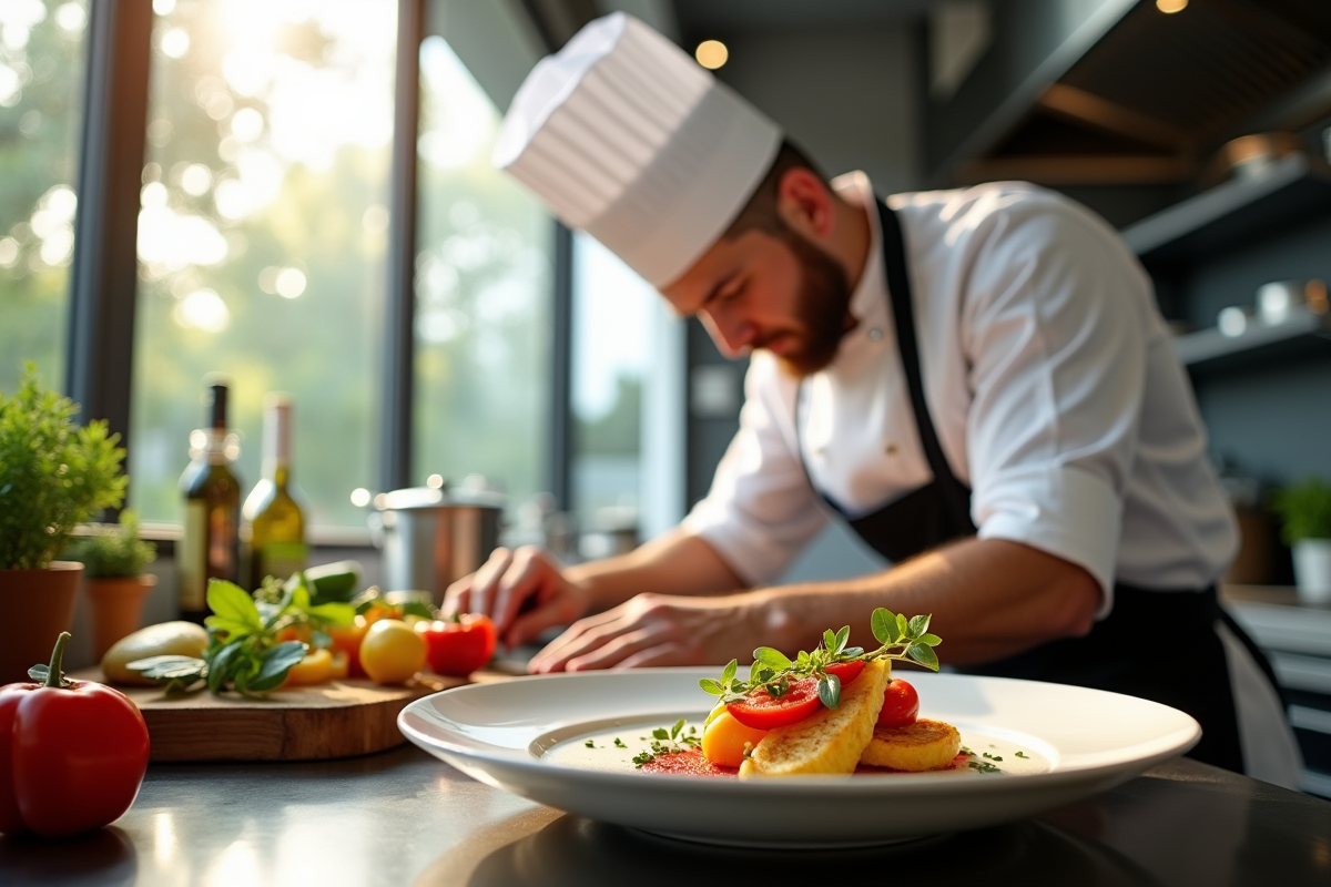Chef professionnel en cuisine moderne dressant un plat gourmet