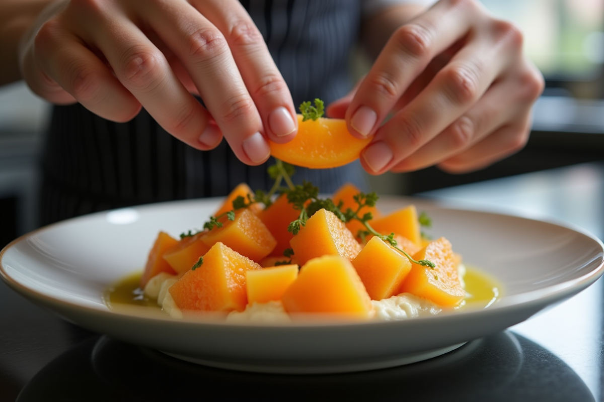 Chef disposant délicatement des tranches de starfruit
