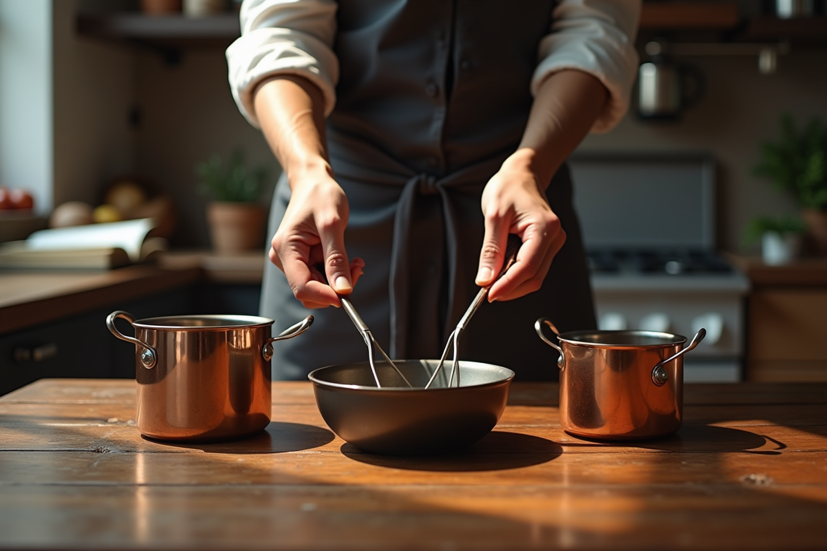 Chef choisissant entre casseroles en céramique et cuivre sur une table en bois