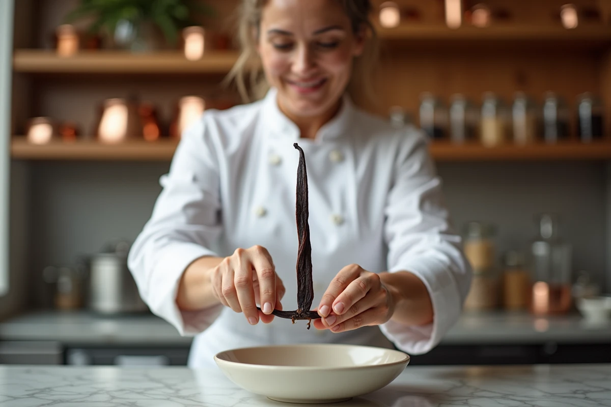Cheffe pâtissière ouvrant une gousse de vanille de qualité supérieure sur un plan de travail en marbre dans une cuisine artisanale
