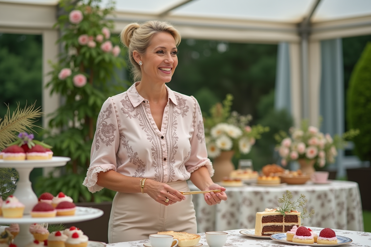 Coproductrice souriante avec desserts dans un jardin élégant
