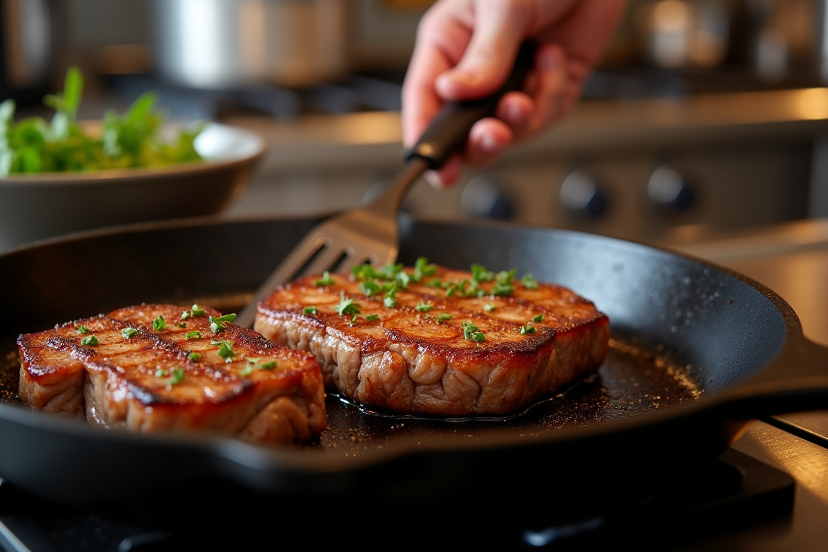 Poêle en fonte avec steak doré en cuisson et main du chef