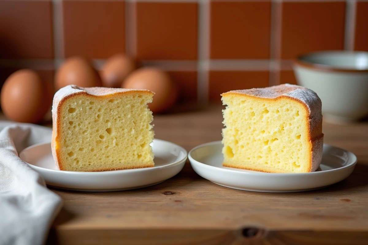 Comparaison de deux tranches de gâteau montrant une texture réussie et une texture ratée due à des erreurs avec les œufs