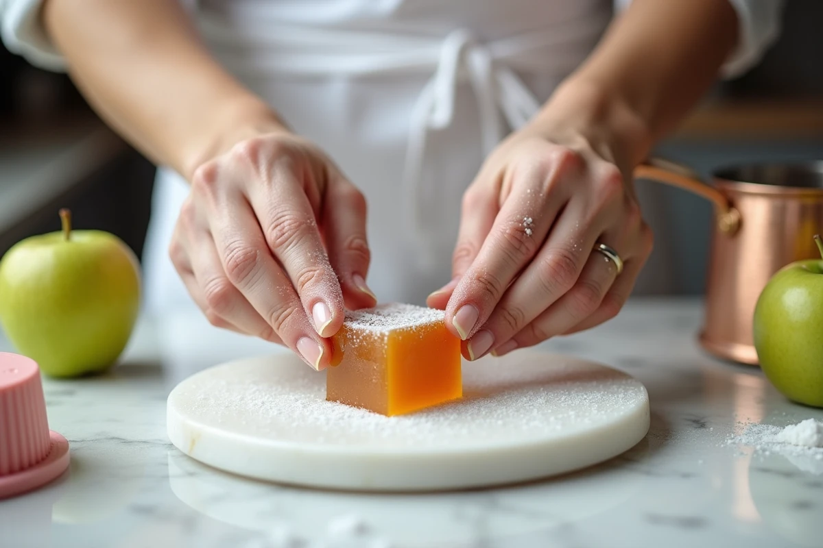 Mains de confiseur soulevant déclicatement une pâte de fruit à la pomme brillante posée sur un marbre pâtissier, dans un atelier de confiserie artisanal