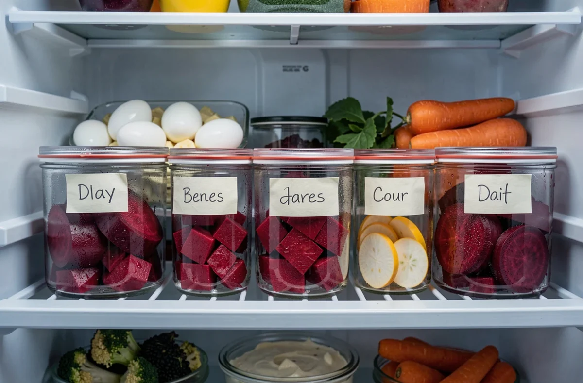 Contenants en verre remplis de betteraves rouges cuites et étiquetés par jour dans un réfrigérateur pour le batch cooking