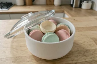 Coques de macarons vides conservées dans une boîte hermétique en céramique blanche sur un plan de travail en chêne clair