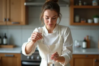 Femme versant 10ml de liquide dans un cylindre gradué en verre sur un plan de travail en bois, illustrant la conversion millilitres en centilitres en cuisine