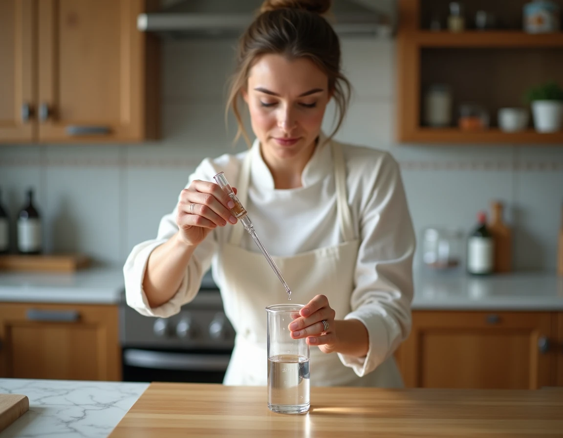 Femme versant 10ml de liquide dans un cylindre gradué en verre sur un plan de travail en bois, illustrant la conversion millilitres en centilitres en cuisine