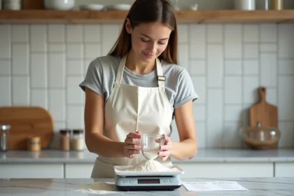 Femme versant de la farine dans une tasse mesureuse sur une balance de cuisine pour convertir des centilitres en grammes