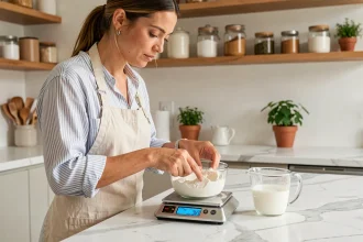 Femme mesurant de la farine sur une balance de cuisine numérique en grammes avec un verre doseur en cl à côté, dans une cuisine moderne