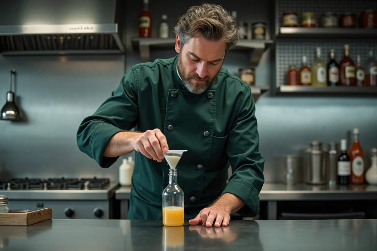 Chef versant un liquide mesuré en millilitres dans une bouteille d'un litre sur un plan de travail professionnel