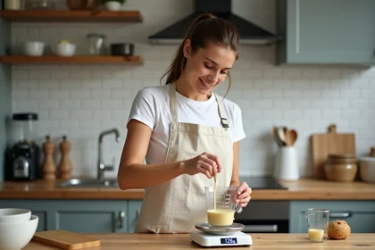 Femme versant 125g de liquide dans un verre doseur gradué en millilitres dans une cuisine moderne