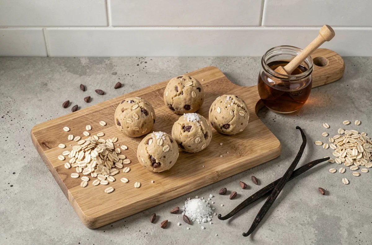 Boules de cookie dough sans sucre raffiné avec nibs de cacao, flocons d'avoine et sirop d'érable sur une planche en bois