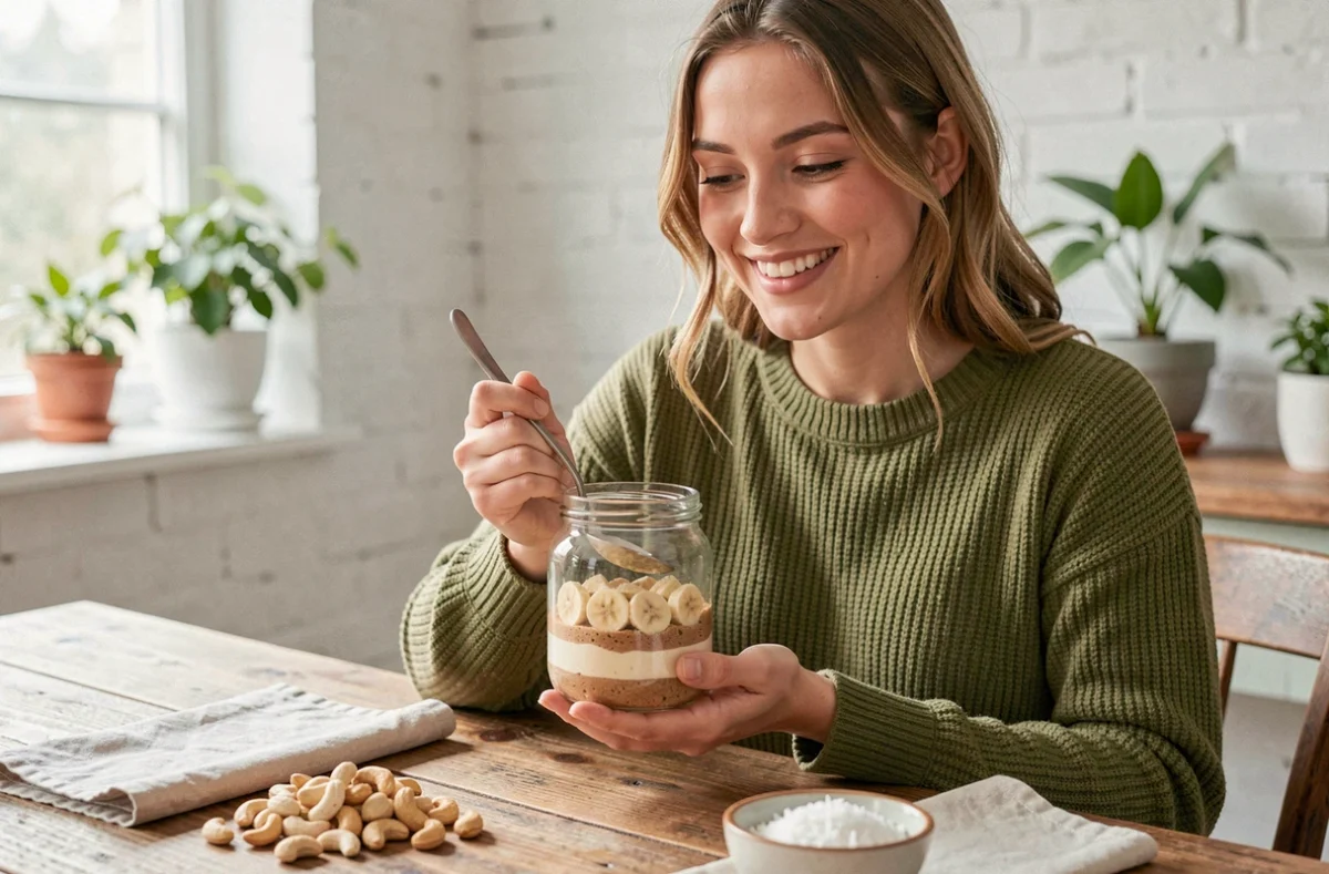 Jeune femme dégustant un cookie dough sans sucre raffiné en verrines avec des bananes et des noix de cajou