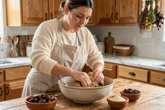 Femme préparant un cookie dough sans sucre raffiné avec des dattes et de la farine d'amande dans une cuisine rustique en bois