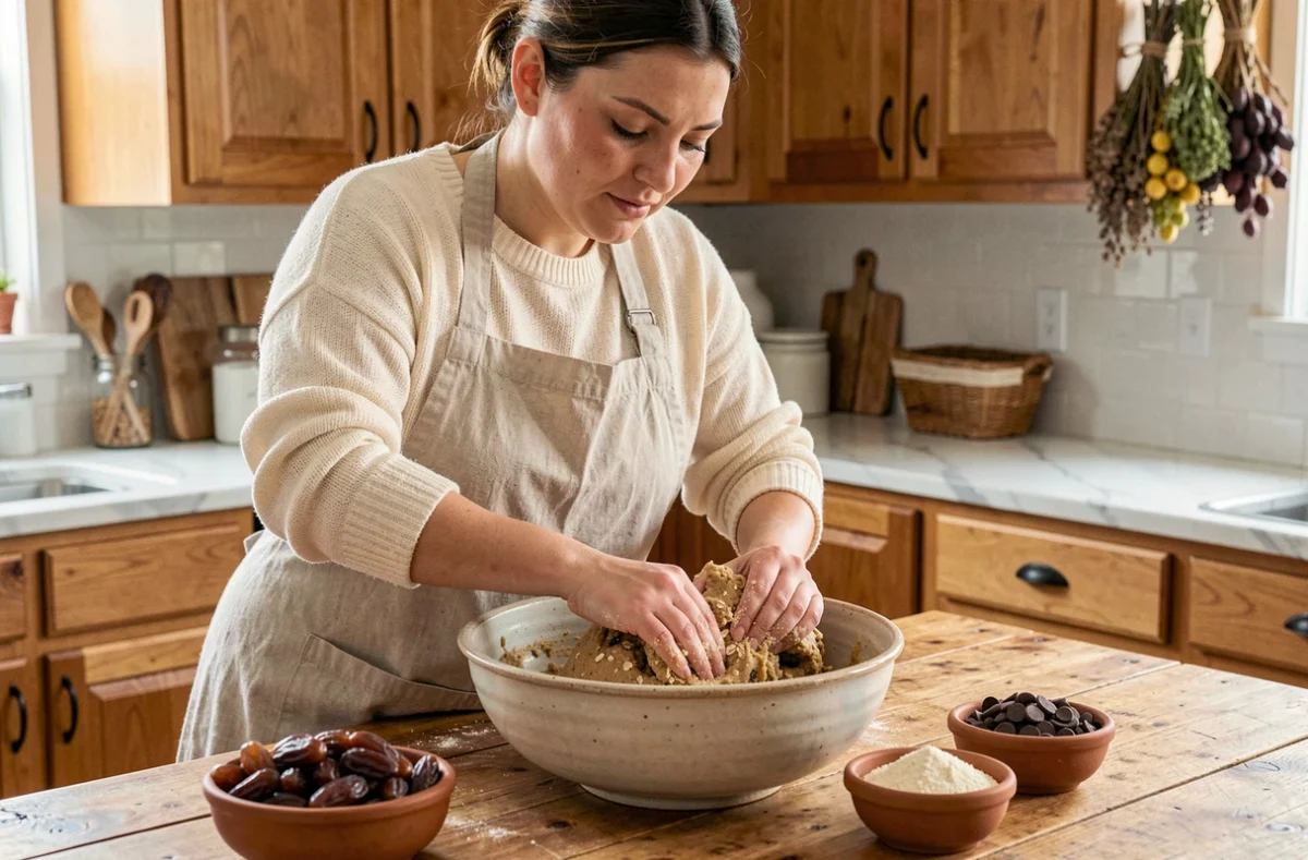 Femme préparant un cookie dough sans sucre raffiné avec des dattes et de la farine d'amande dans une cuisine rustique en bois