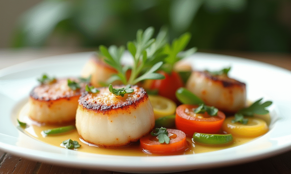 Coquilles seichees sur assiette blanche avec legumes