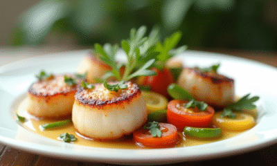 Coquilles seichees sur assiette blanche avec legumes