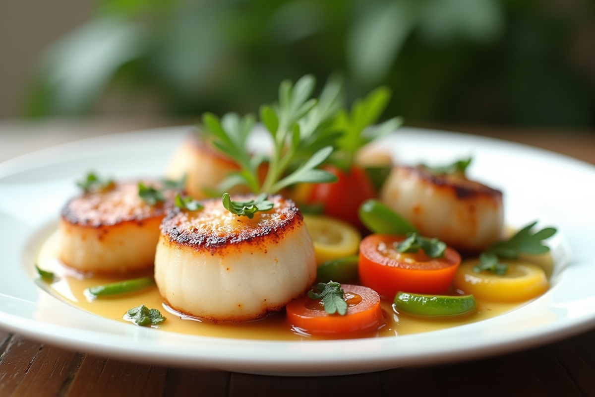 Coquilles seichees sur assiette blanche avec legumes