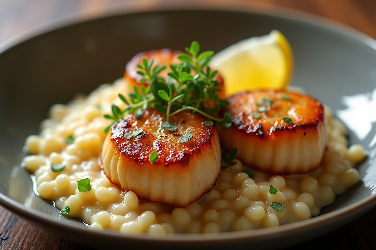 Garniture de coquilles seichees avec risotto crémeux