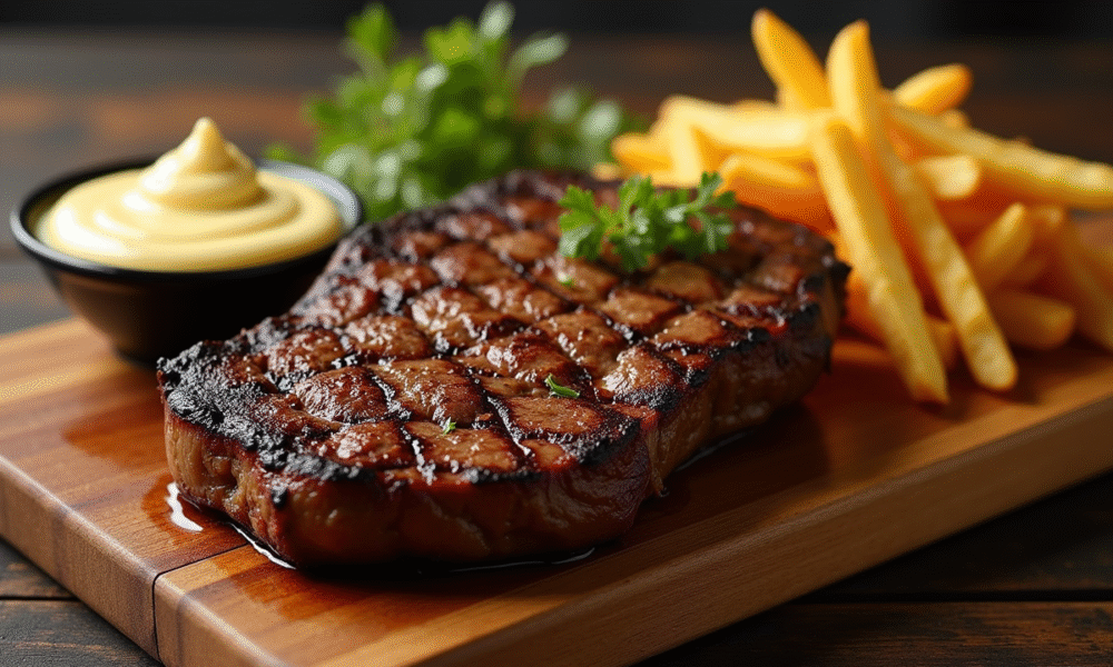 Côte de boeuf grillée sur planche en bois avec frites dorées