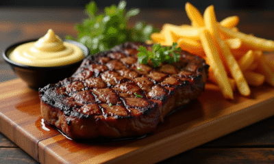 Côte de boeuf grillée sur planche en bois avec frites dorées