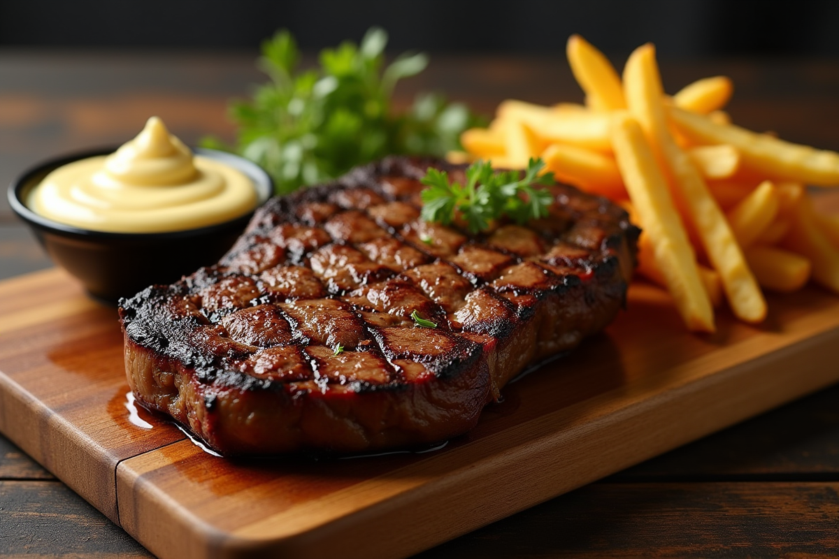 Côte de boeuf grillée sur planche en bois avec frites dorées