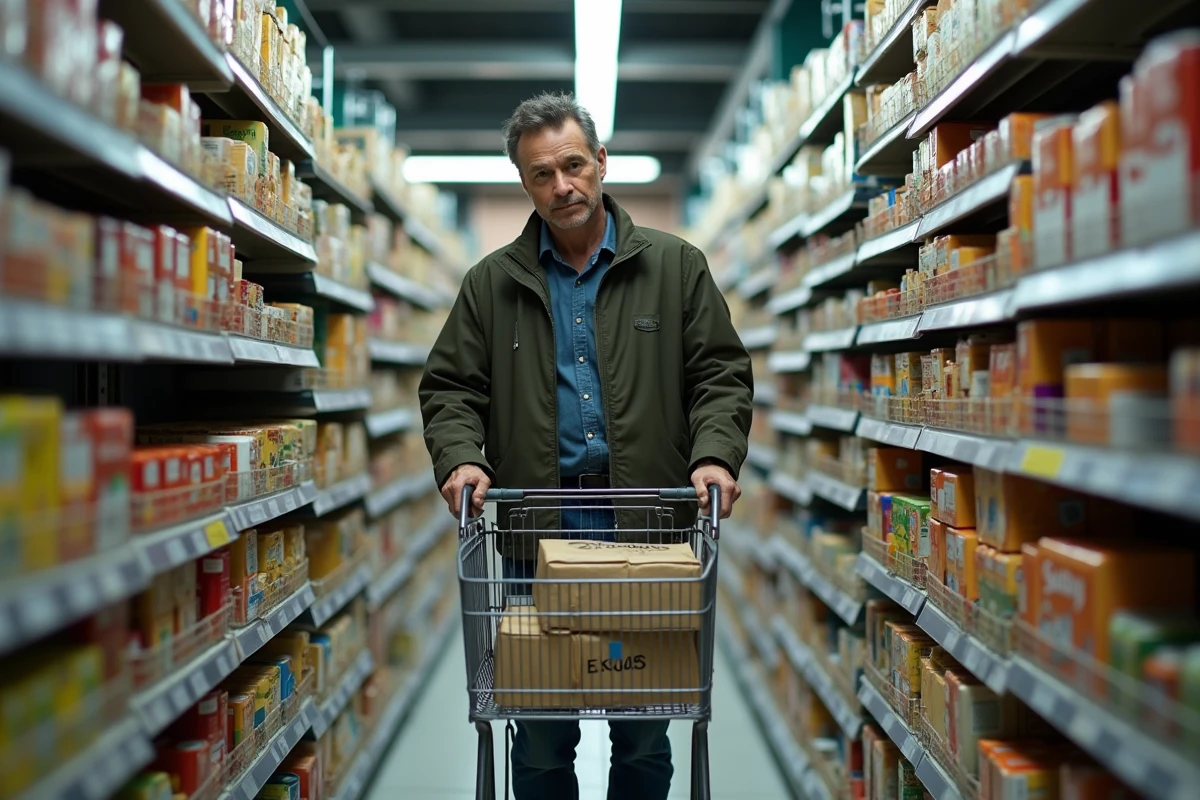 Homme faisant ses courses dans un magasin anti-gaspi avec des produits en destockage