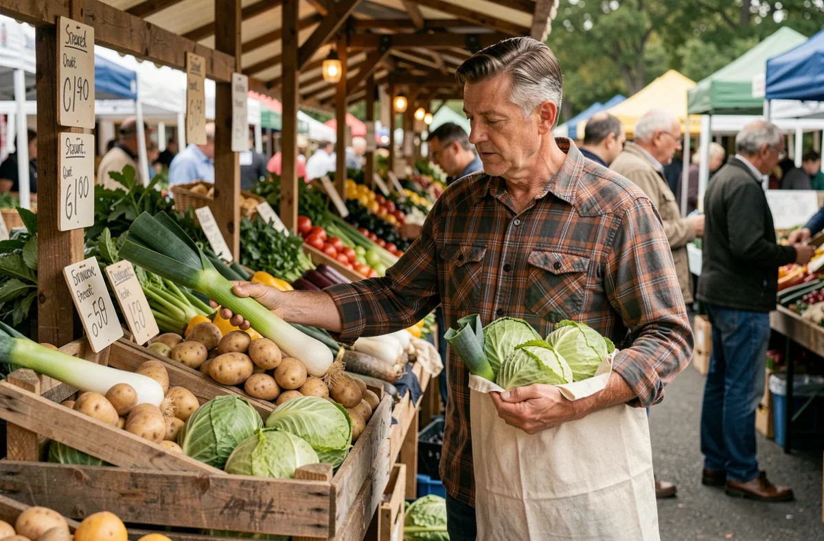 Homme faisant ses courses au marché avec un panier de légumes de saison pour manger sainement à petit prix