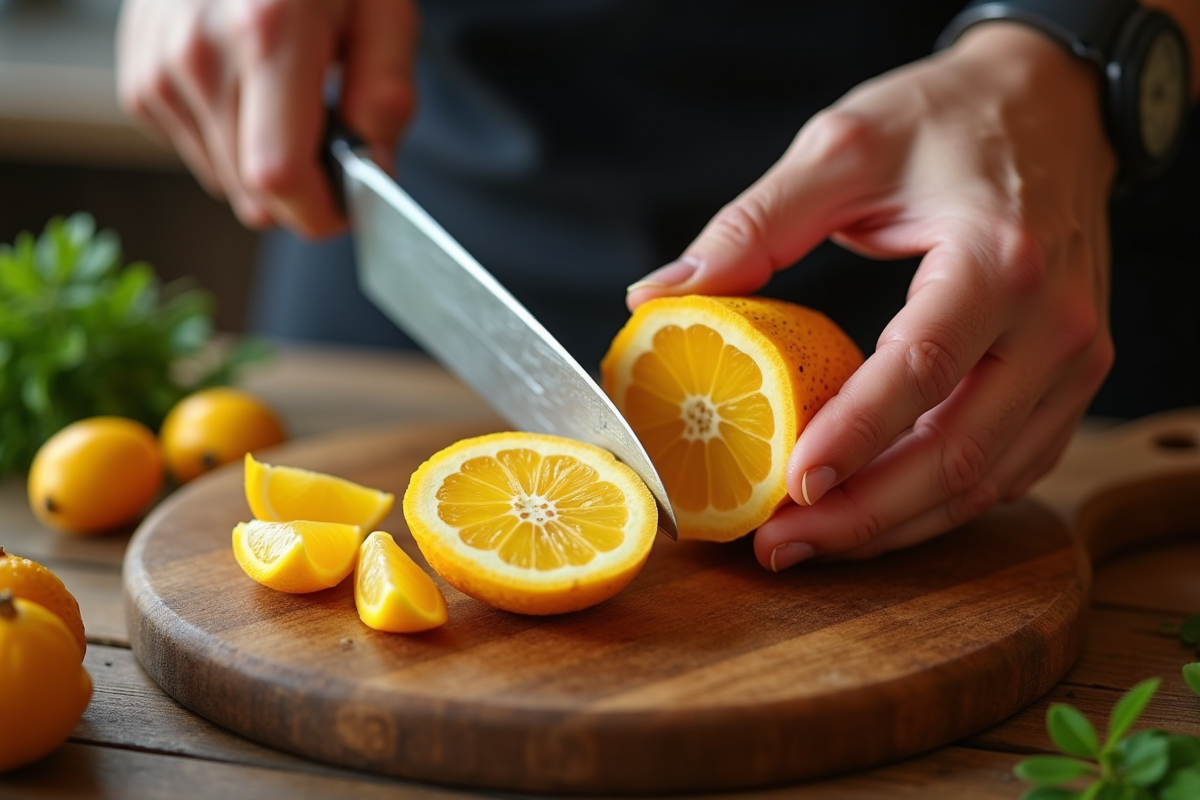 Couteau tranchant sur fruits J en cuisine rustique