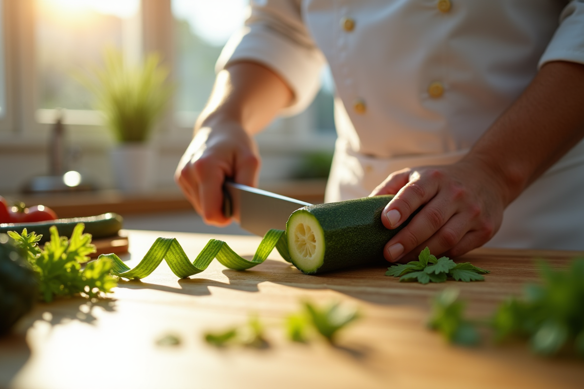 Chef coupant un zucchini frais sur plan de travail en lumière naturelle