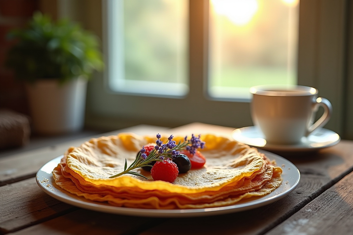 Crêpe fraîche sur table en Provence avec lavande