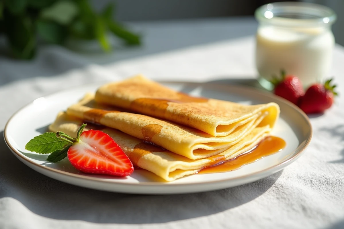 Assiette de crêpes sans lactose ni œufs garnies de fraises fraîches et de sirop d'érable sur une nappe en lin gris