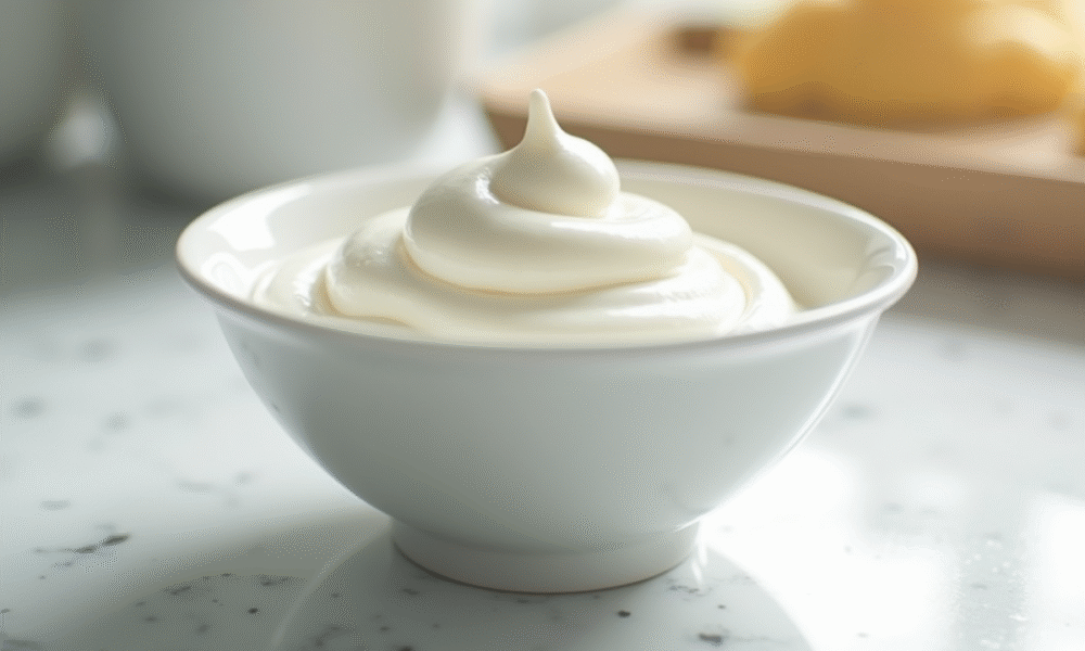 Crème fouettée fraîche dans un bol en marbre pour l'article