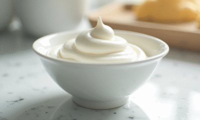 Crème fouettée fraîche dans un bol en marbre pour l'article