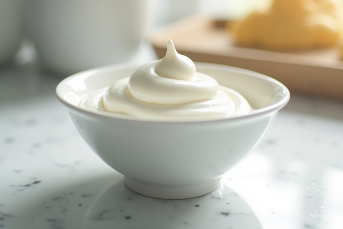 Crème fouettée fraîche dans un bol en marbre pour l'article