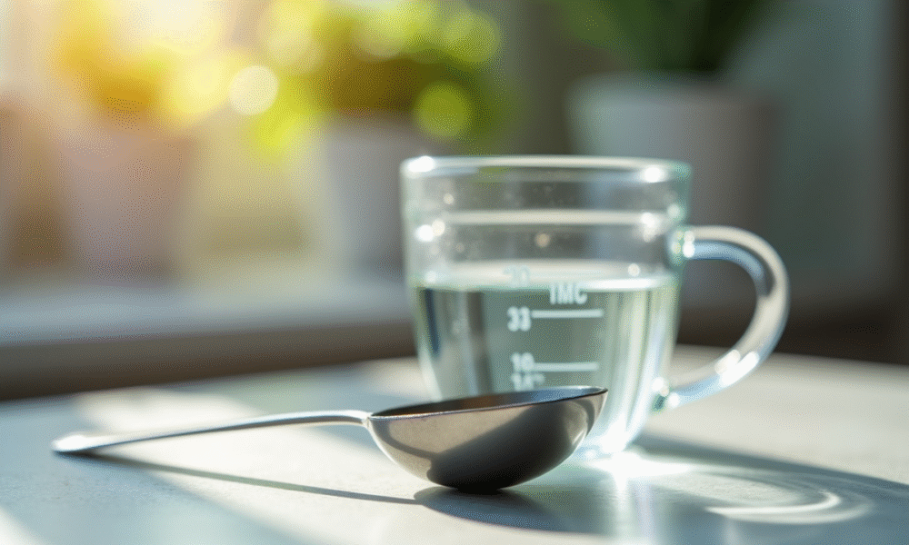 Cuillère à thé en acier avec eau et verre doseur
