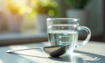 Cuillère à thé en acier avec eau et verre doseur
