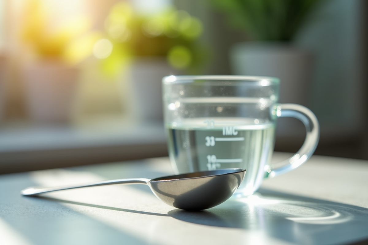 Cuillère à thé en acier avec eau et verre doseur