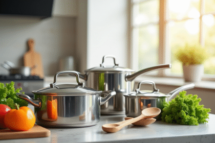 Plan de travail moderne avec casseroles et légumes frais pour l'article