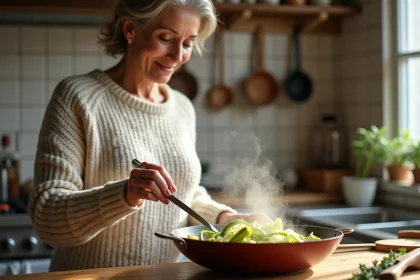 Femme en pull remuant des courgettes crémeuses dans une cuisine lumineuse